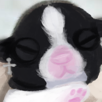 a drawover of a photo of a tiny shihtzu puppy being held in someones hand. in the drawing the puppy is abolish from vampires smp as a black and white dog with little cross earrings